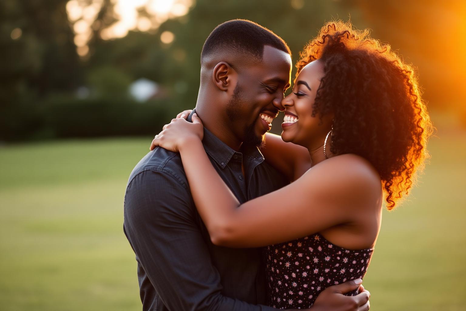 A Black couple sharing a joyful embrace