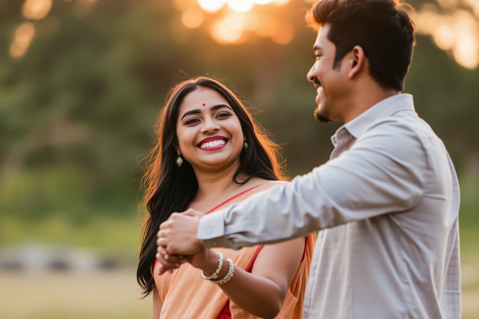 A South Asian couple laughing together