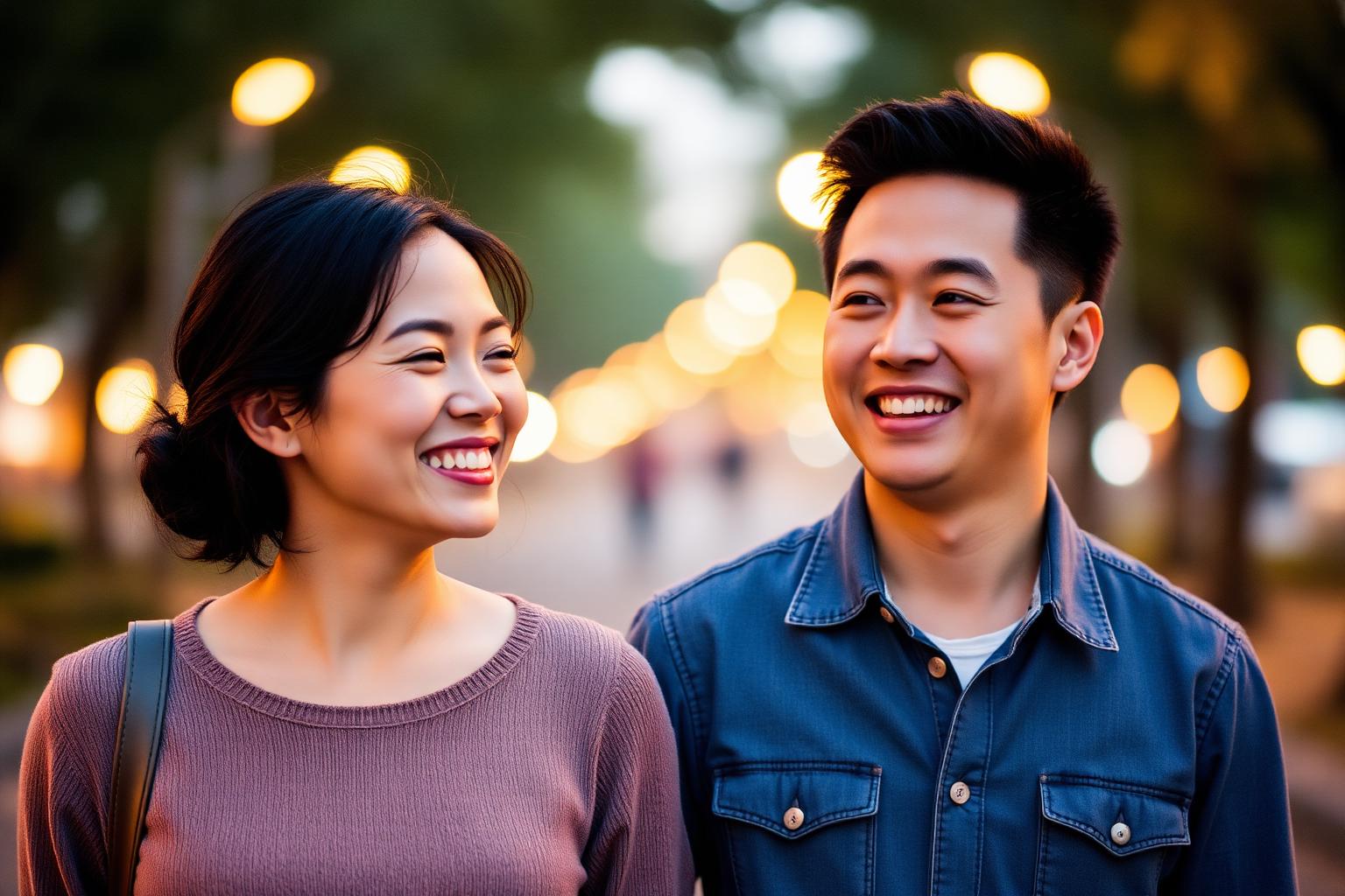 An East Asian couple smiling at golden hour